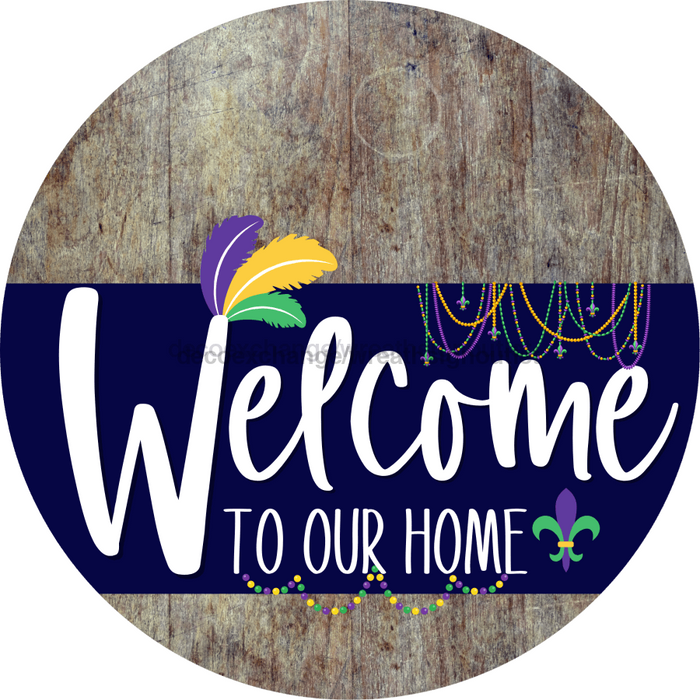 Welcome To Our Home Sign Mardi Gras Navy Stripe Wood Grain Decoe-3559-Dh 18 Round