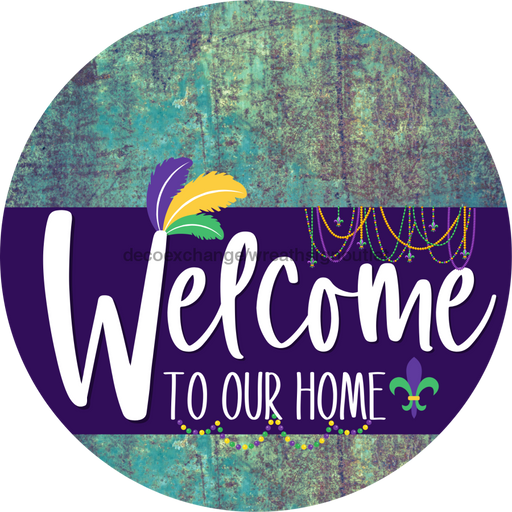 Welcome To Our Home Sign Mardi Gras Purple Stripe Petina Look Decoe-3660-Dh 18 Wood Round