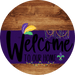 Welcome To Our Home Sign Mardi Gras Purple Stripe Wood Grain Decoe-3646-Dh 18 Round