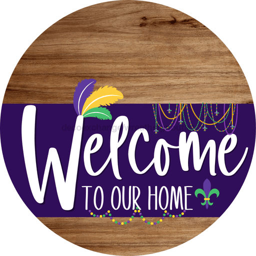 Welcome To Our Home Sign Mardi Gras Purple Stripe Wood Grain Decoe-3655-Dh 18 Round