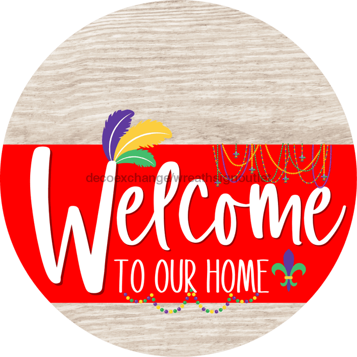 Welcome To Our Home Sign Mardi Gras Red Stripe White Wash Decoe-3602-Dh 18 Wood Round