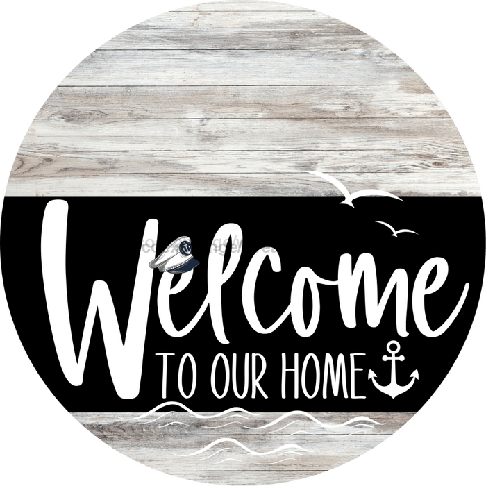 Welcome To Our Home Sign Nautical Black Stripe White Wash Decoe-3238-Dh 18 Wood Round