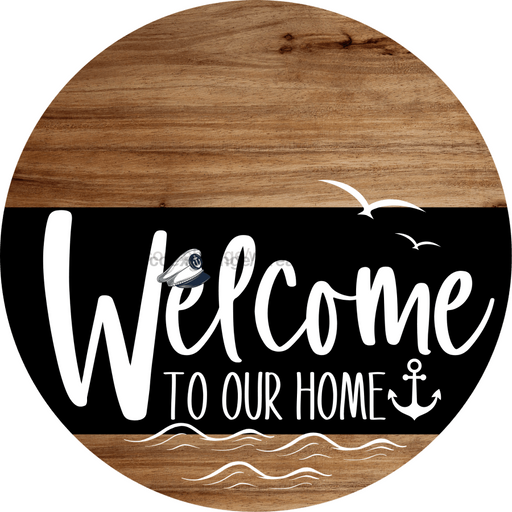 Welcome To Our Home Sign Nautical Black Stripe Wood Grain Decoe-3230-Dh 18 Round