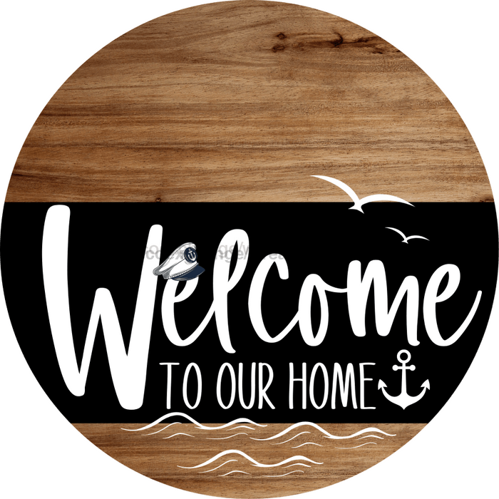 Welcome To Our Home Sign Nautical Black Stripe Wood Grain Decoe-3230-Dh 18 Round