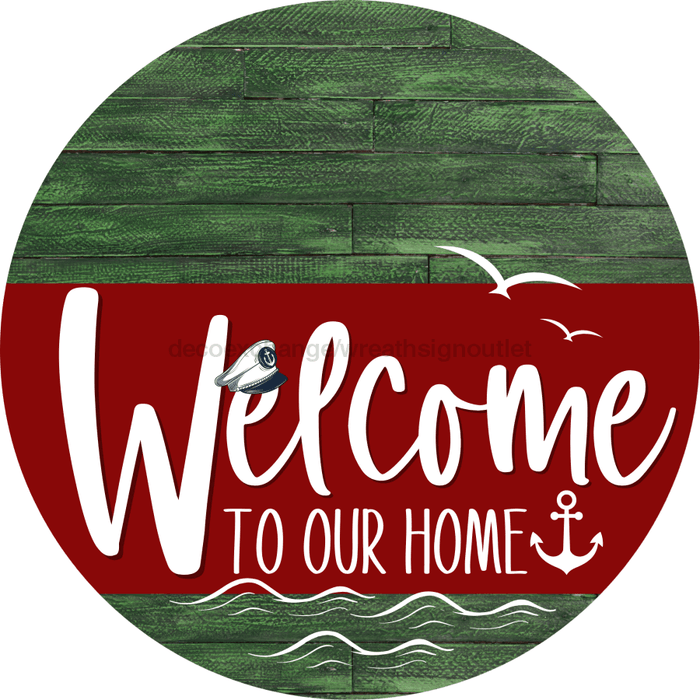 Welcome To Our Home Sign Nautical Dark Red Stripe Green Stain Decoe-3167-Dh 18 Wood Round