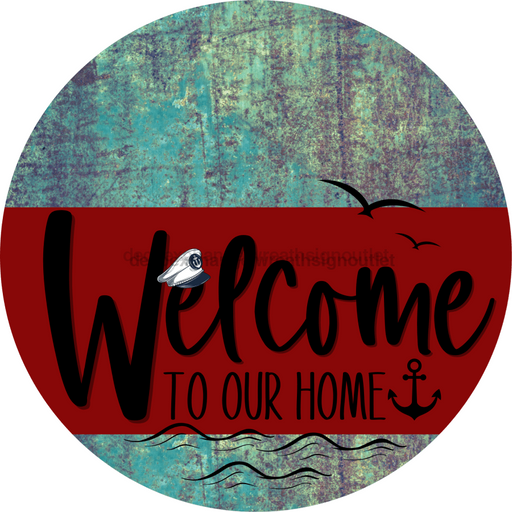 Welcome To Our Home Sign Nautical Dark Red Stripe Petina Look Decoe-3153-Dh 18 Wood Round