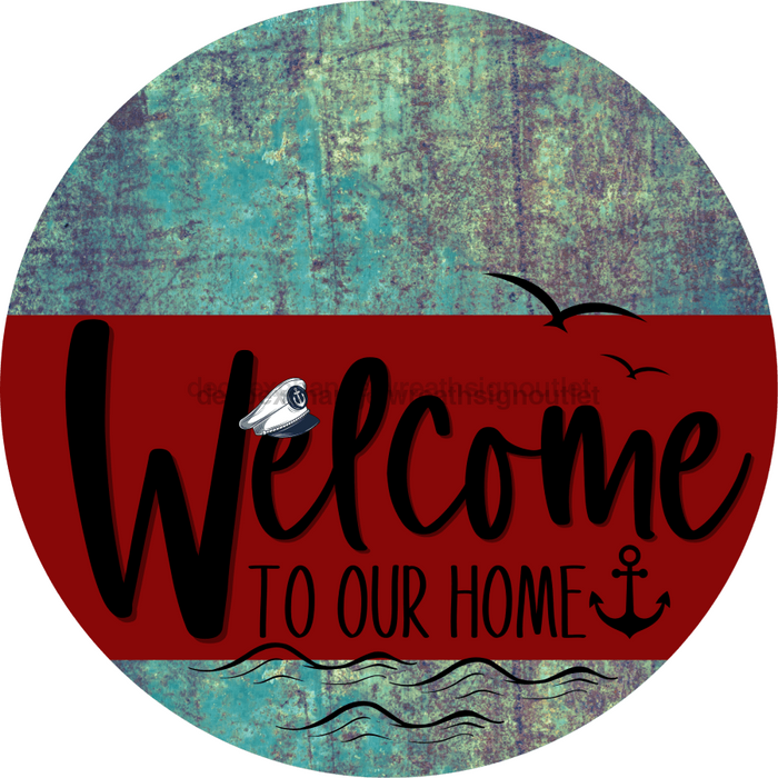 Welcome To Our Home Sign Nautical Dark Red Stripe Petina Look Decoe-3153-Dh 18 Wood Round