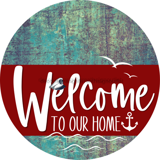 Welcome To Our Home Sign Nautical Dark Red Stripe Petina Look Decoe-3163-Dh 18 Wood Round