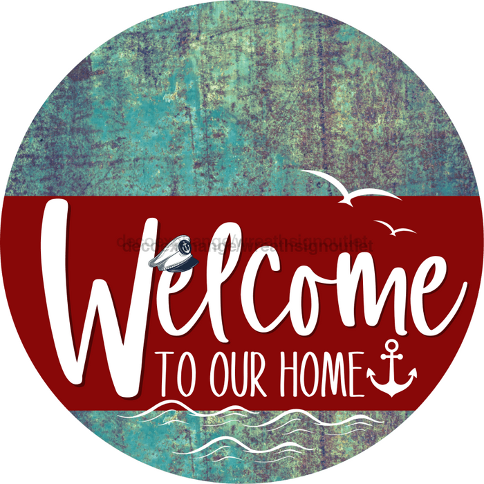 Welcome To Our Home Sign Nautical Dark Red Stripe Petina Look Decoe-3163-Dh 18 Wood Round