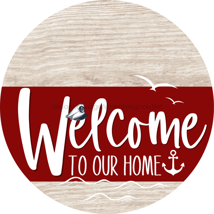 Welcome To Our Home Sign Nautical Dark Red Stripe White Wash Decoe-3165-Dh 18 Wood Round