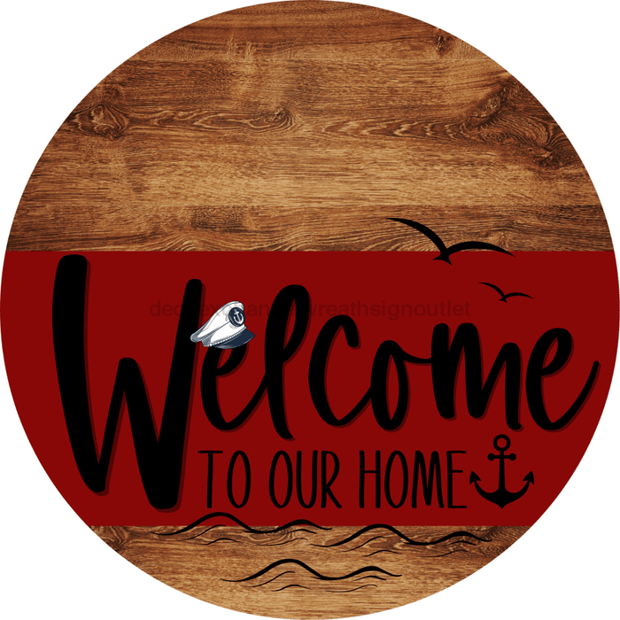 Welcome To Our Home Sign Nautical Dark Red Stripe Wood Grain Decoe-3149-Dh 18 Round