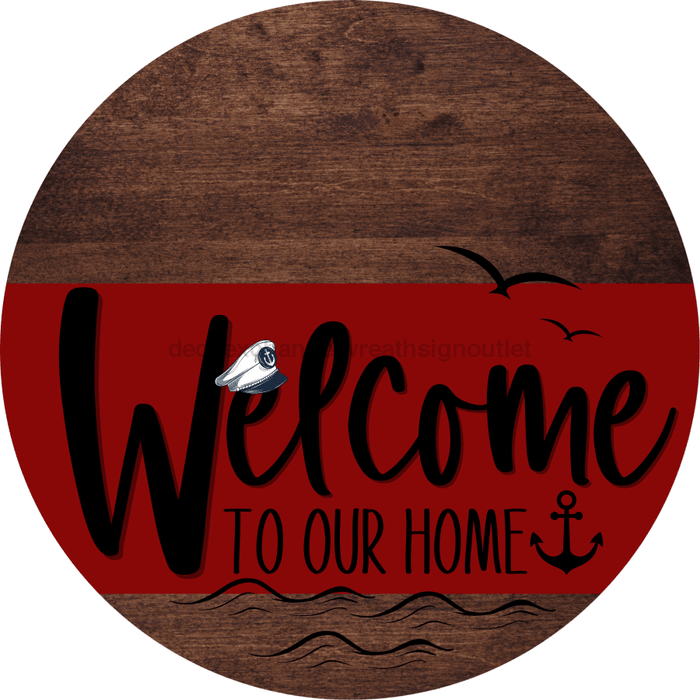 Welcome To Our Home Sign Nautical Dark Red Stripe Wood Grain Decoe-3150-Dh 18 Round