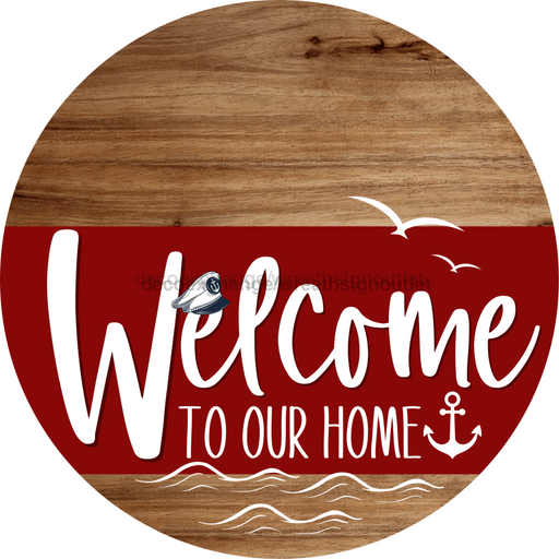 Welcome To Our Home Sign Nautical Dark Red Stripe Wood Grain Decoe-3158-Dh 18 Round