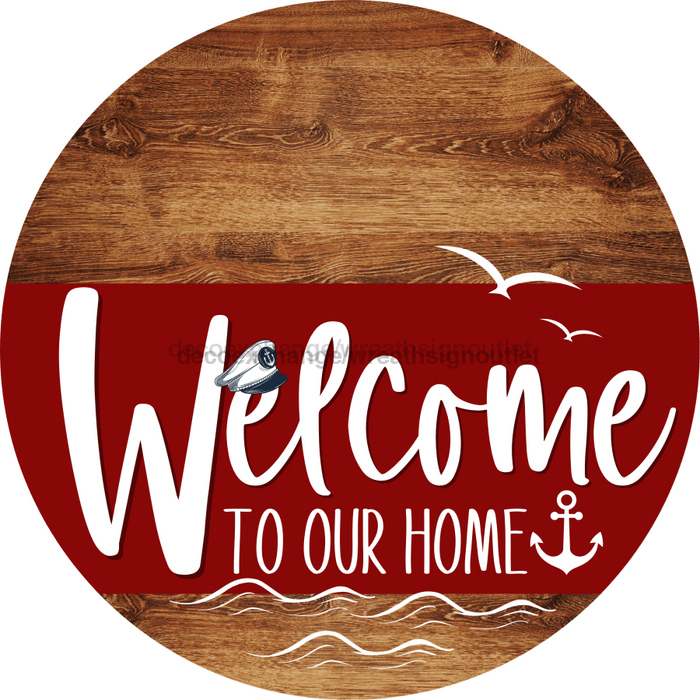 Welcome To Our Home Sign Nautical Dark Red Stripe Wood Grain Decoe-3159-Dh 18 Round