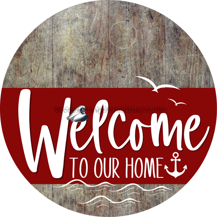 Welcome To Our Home Sign Nautical Dark Red Stripe Wood Grain Decoe-3162-Dh 18 Round