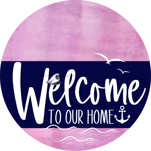 Welcome To Our Home Sign Nautical Navy Stripe Pink Stain Decoe-3104-Dh 18 Wood Round