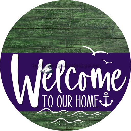Welcome To Our Home Sign Nautical Purple Stripe Green Stain Decoe-3207-Dh 18 Wood Round