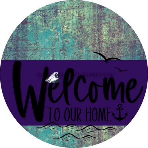 Welcome To Our Home Sign Nautical Purple Stripe Petina Look Decoe-3193-Dh 18 Wood Round