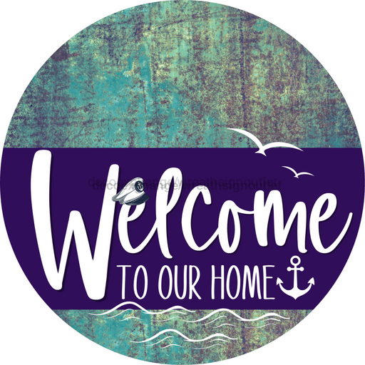 Welcome To Our Home Sign Nautical Purple Stripe Petina Look Decoe-3203-Dh 18 Wood Round