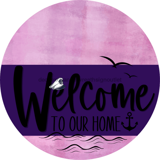 Welcome To Our Home Sign Nautical Purple Stripe Pink Stain Decoe-3194-Dh 18 Wood Round