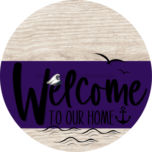 Welcome To Our Home Sign Nautical Purple Stripe White Wash Decoe-3195-Dh 18 Wood Round