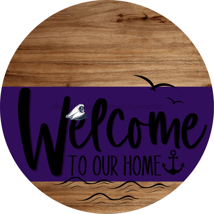 Welcome To Our Home Sign Nautical Purple Stripe Wood Grain Decoe-3188-Dh 18 Round