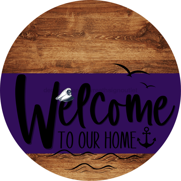 Welcome To Our Home Sign Nautical Purple Stripe Wood Grain Decoe-3189-Dh 18 Round