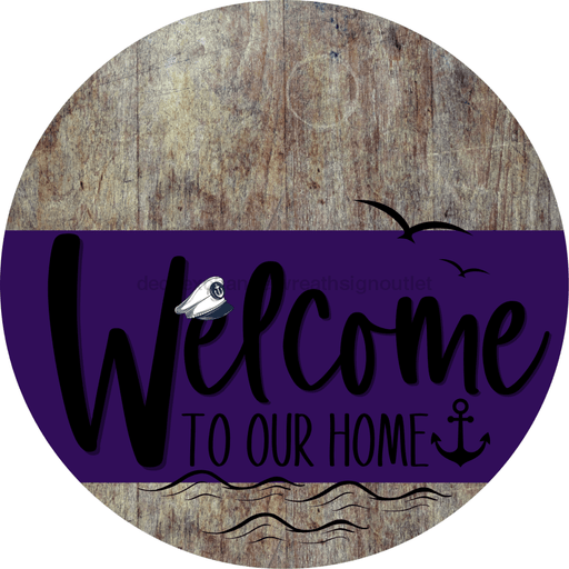 Welcome To Our Home Sign Nautical Purple Stripe Wood Grain Decoe-3192-Dh 18 Round