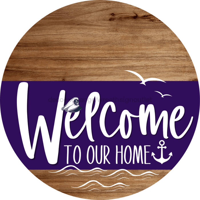 Welcome To Our Home Sign Nautical Purple Stripe Wood Grain Decoe-3198-Dh 18 Round