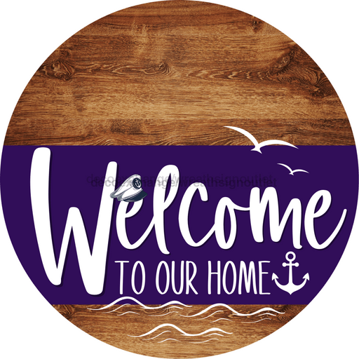 Welcome To Our Home Sign Nautical Purple Stripe Wood Grain Decoe-3199-Dh 18 Round