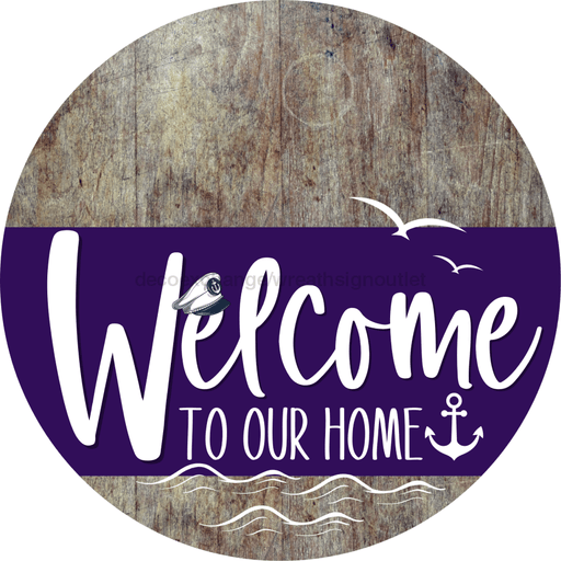 Welcome To Our Home Sign Nautical Purple Stripe Wood Grain Decoe-3202-Dh 18 Round
