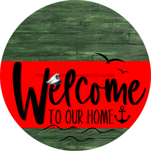 Welcome To Our Home Sign Nautical Red Stripe Green Stain Decoe-3137-Dh 18 Wood Round