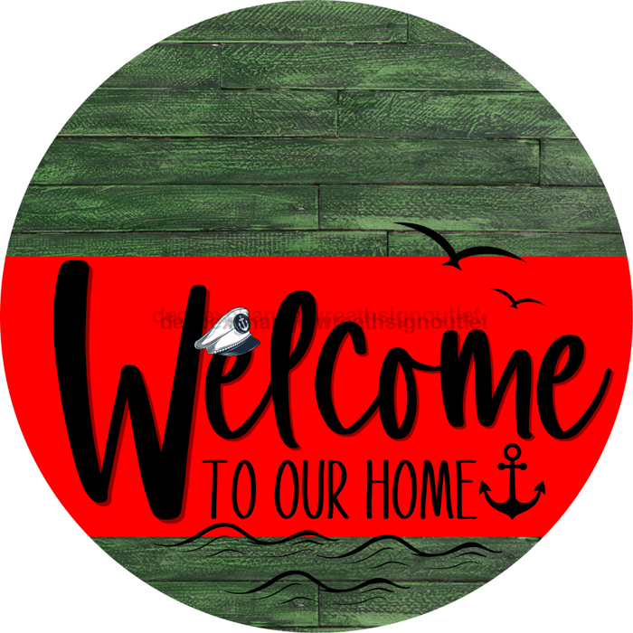 Welcome To Our Home Sign Nautical Red Stripe Green Stain Decoe-3137-Dh 18 Wood Round