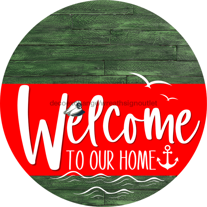 Welcome To Our Home Sign Nautical Red Stripe Green Stain Decoe-3147-Dh 18 Wood Round