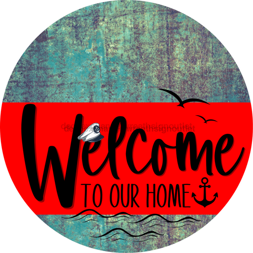 Welcome To Our Home Sign Nautical Red Stripe Petina Look Decoe-3133-Dh 18 Wood Round