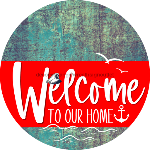 Welcome To Our Home Sign Nautical Red Stripe Petina Look Decoe-3143-Dh 18 Wood Round