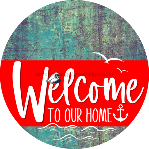 Welcome To Our Home Sign Nautical Red Stripe Petina Look Decoe-3143-Dh 18 Wood Round
