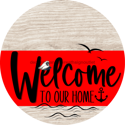 Welcome To Our Home Sign Nautical Red Stripe White Wash Decoe-3135-Dh 18 Wood Round