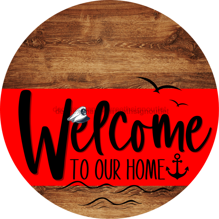 Welcome To Our Home Sign Nautical Red Stripe Wood Grain Decoe-3129-Dh 18 Round