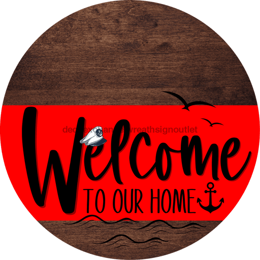 Welcome To Our Home Sign Nautical Red Stripe Wood Grain Decoe-3130-Dh 18 Round