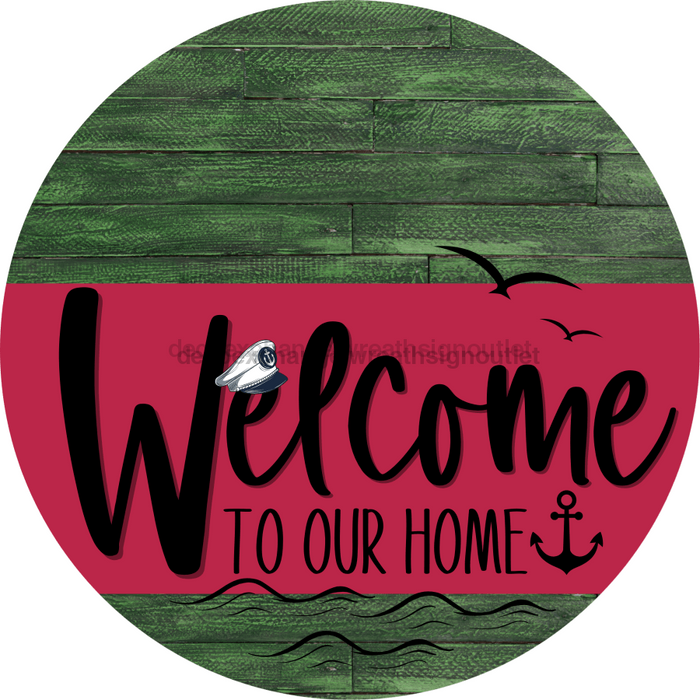 Welcome To Our Home Sign Nautical Viva Magenta Stripe Green Stain Decoe-3217-Dh 18 Wood Round