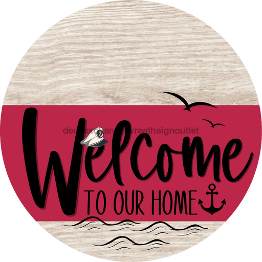 Welcome To Our Home Sign Nautical Viva Magenta Stripe White Wash Decoe-3215-Dh 18 Wood Round