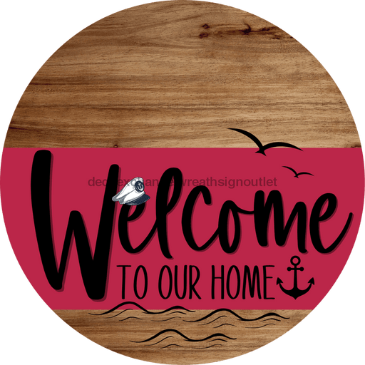 Welcome To Our Home Sign Nautical Viva Magenta Stripe Wood Grain Decoe-3208-Dh 18 Round