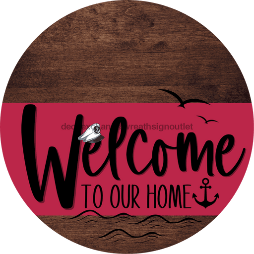 Welcome To Our Home Sign Nautical Viva Magenta Stripe Wood Grain Decoe-3210-Dh 18 Round