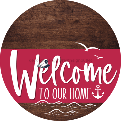 Welcome To Our Home Sign Nautical Viva Magenta Stripe Wood Grain Decoe-3220-Dh 18 Round