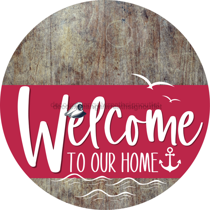 Welcome To Our Home Sign Nautical Viva Magenta Stripe Wood Grain Decoe-3222-Dh 18 Round