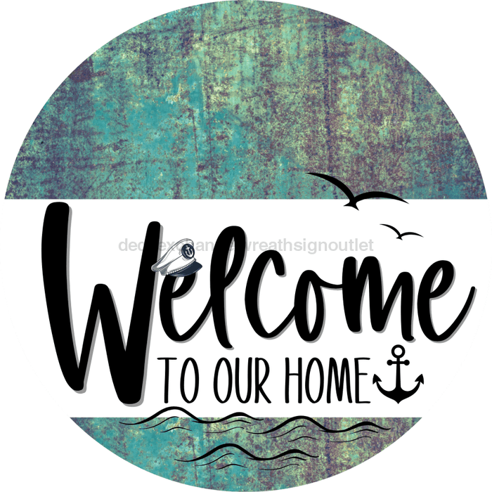 Welcome To Our Home Sign Nautical White Stripe Petina Look Decoe-3093-Dh 18 Wood Round