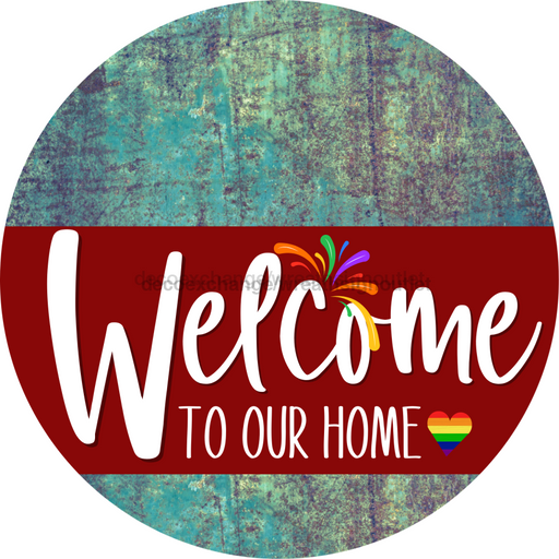 Welcome To Our Home Sign Pride Dark Red Stripe Petina Look Decoe-3924-Dh 18 Wood Round