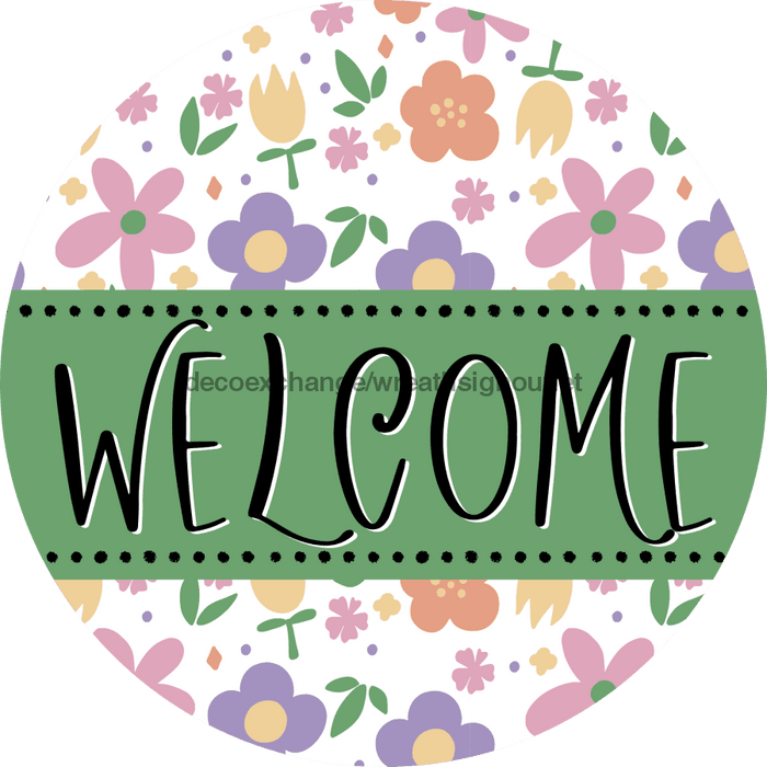 Welcome Wreath Sign, Floral Wreath, DECOE-4129, 10 metal Round