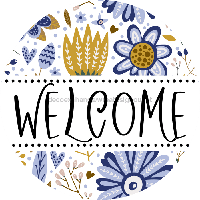 Welcome Wreath Sign, Floral Wreath, DECOE-4132, 10 metal Round